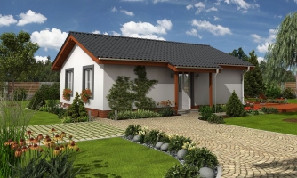 Popular casa unifamiliar de obra para una parcela pequeña con tres habitaciones y tejado a dos aguas.